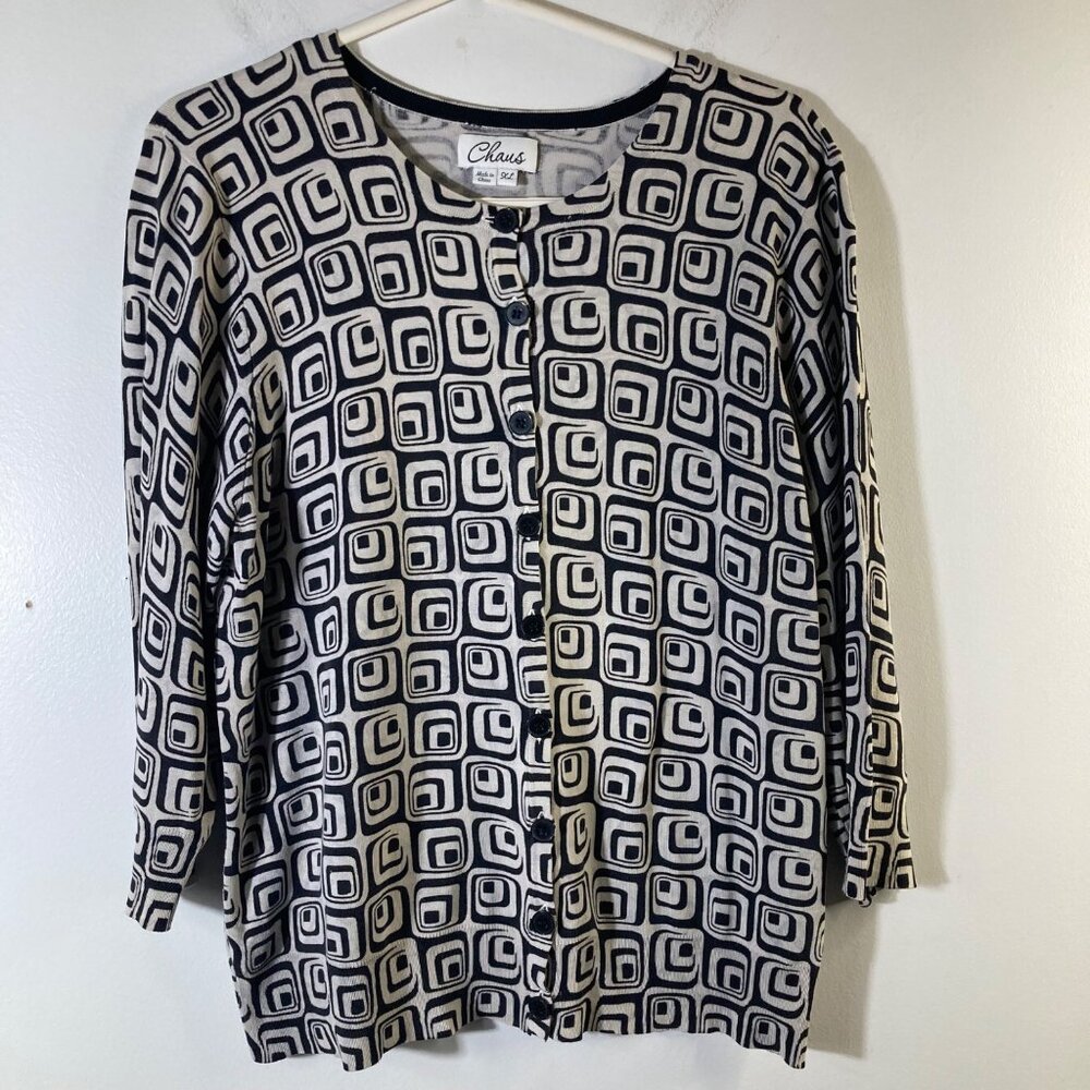Womens Vintage Chaus Silk Blend Cardigan 70s Geometric‎ Print XL Black White